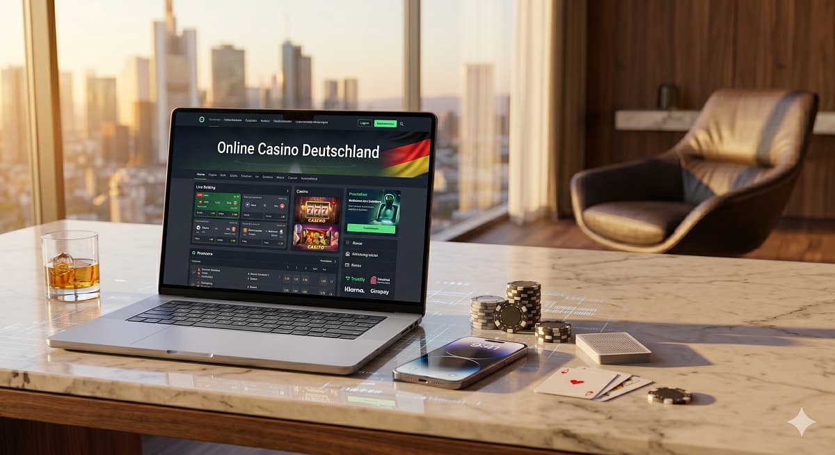 Ein offener Laptop auf einem Marmorschreibtisch zeigt eine Casino-Webseite mit dem Text „Online Casino Deutschland“, daneben Jetons, Karten und ein Glas Whiskey vor einer abendlichen Skyline.